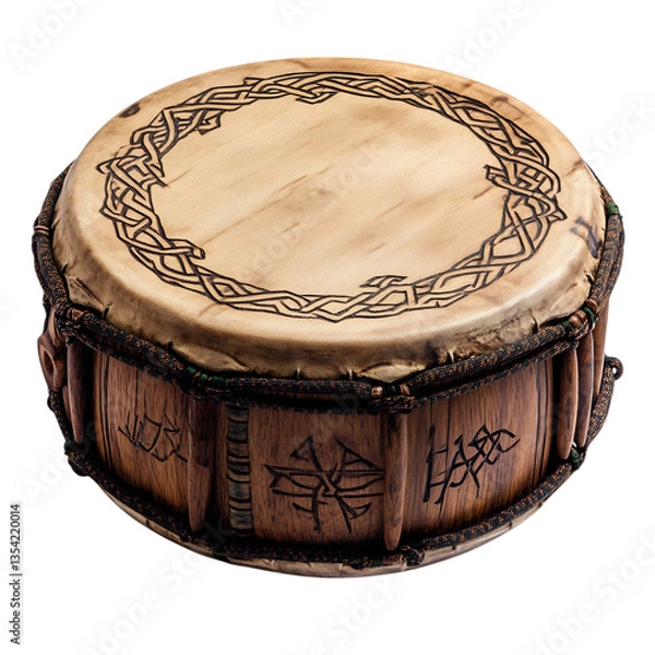 Fototapeta A Wooden Irish Bodhran Drum with Carved Handle and Celtic Symbols Isolated on Transparent Background