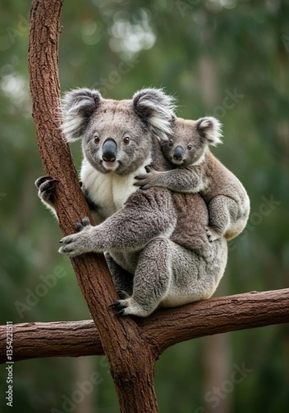 Obraz Mother Koala with Baby on Back in Natural Forest Habitat – Adorable Wildlife Moment