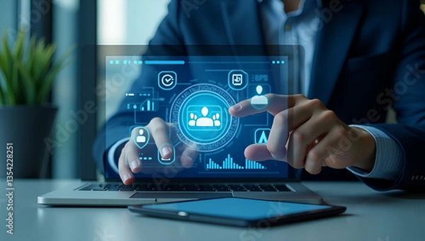 Fototapeta Innovative Holographic Business Audit Interface: Hand Interacting with Compliance Data Analysis Icons on Laptop in Empty Space for Financial Evaluation and Standard Certification