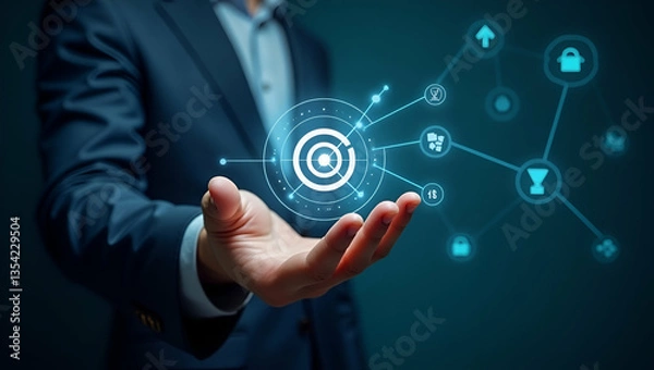 Fototapeta Flat Hand Reviewing Holographic Business Audit Device: Analyzing Compliance Target Data with Cute Vector Illustrations for Smart Business Insights in Empty Space