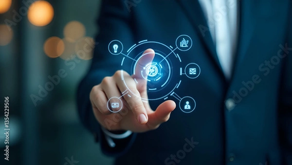 Obraz Flat Hand Reviewing Holographic Business Audit Device: Analyzing Compliance Target Data with Cute Vector Icons in a Smart Business Concept