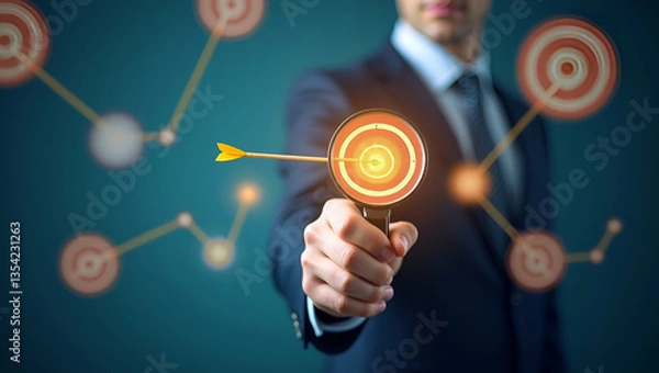 Fototapeta Precision Marketing Strategy: Businessman with Magnifying Glass Focusing on Bullseye Target for Achieving Success in Goals and Objectives - Stock Photo Concept with Empty Space