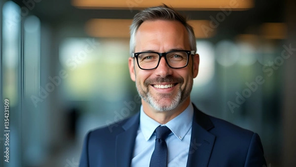 Fototapeta Confident Smiling Middle-Aged Businessman Executive in Glasses: Professional Headshot Portrait Showcasing Maturity and Leadership in Office Setting with Space for Text