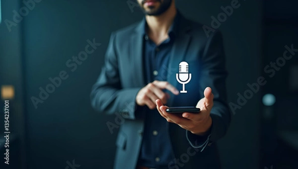 Fototapeta Man Using Smartphone to Touch Microphone Icon for Voice Recording: Mobile App for Audio, Music, and Voice Messages with AI Search Functionality - Stock Photo Concept with Empty Space