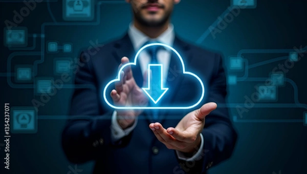 Fototapeta Businessman Demonstrating Cloud Computing for Data Transfer Concepts