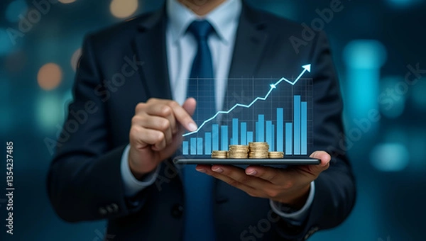 Fototapeta Investment and Finance: Businessman Analyzing Virtual Trading Graphs with Blurred Coins for Growth