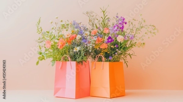 Fototapeta Two orange shopping bags overflowing with colorful wildflowers on a peach surface, against an off-white background, create a warm and inviting springtime scene