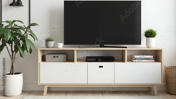 Fototapeta Flat The living room has a storage table and a TV illustrating functional home design and modern living space organization concept as Living room featuring a storage table and TV illustrating function