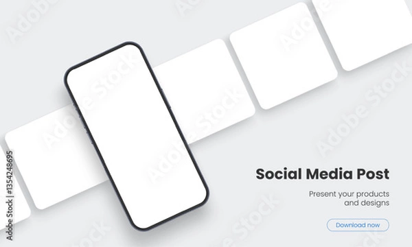 Fototapeta Cellphone With Blank Square Social Media Posts Templates. Vector Illustration