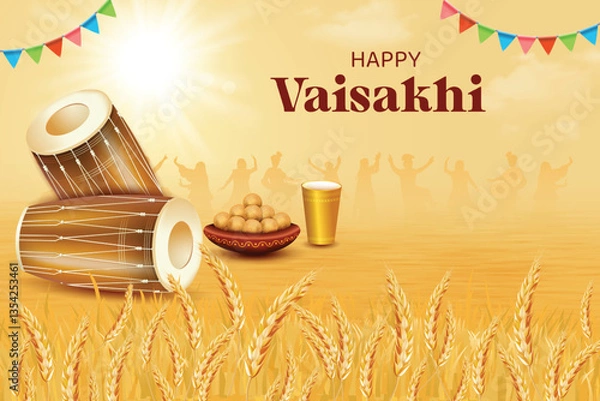 Obraz Vaisakhi Festival Celebration With Drums, Wheat Field, Lassi and Silhouette Of Punjabi People Dancing On Yellow Sky Color Background. Indian Ethnic Festive Sale Theme Concept Vector Illustration.