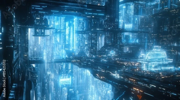 Fototapeta Futuristic Cityscape, Digital Architecture, Inner City, Reflections, Sci-Fi, Drone View, Night, Technology
