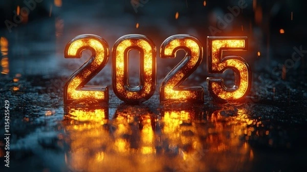 Fototapeta Glowing Numbers 2025 Reflected on Rainy Pavement Surface at Night
