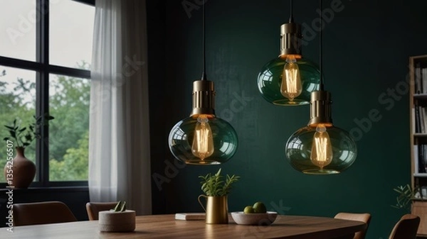 Fototapeta Three stylish globe pendant lights illuminate a dining room.  Warm light enhances the ambiance
