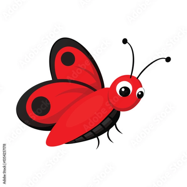 Fototapeta Vector illustration of a cute cartoon red butterfly with insects and bugs in nature colorful
