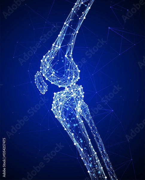 Fototapeta Illustration of a knee bone in a modern style using geometric shapes connected to form a knee bone on a dark blue background. Used in medicine, education, science, advertising, commerce and industry.