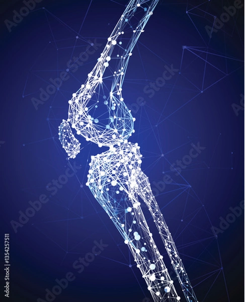 Fototapeta Illustration of a knee bone in a modern style using geometric shapes connected to form a knee bone on a dark blue background. Used in medicine, education, science, advertising, commerce and industry.