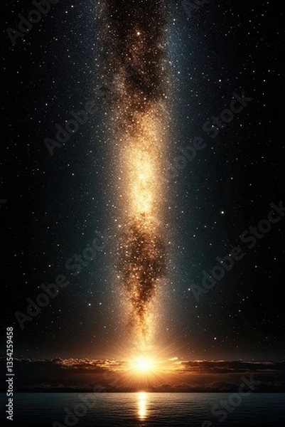 Fototapeta A bright star against a dark starry sky cut through by the Milky Way. Solar flare