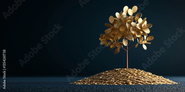 Fototapeta Golden tree growing from a pile of coins symbolizes wealth and prosperity in a minimalistic setting at dusk