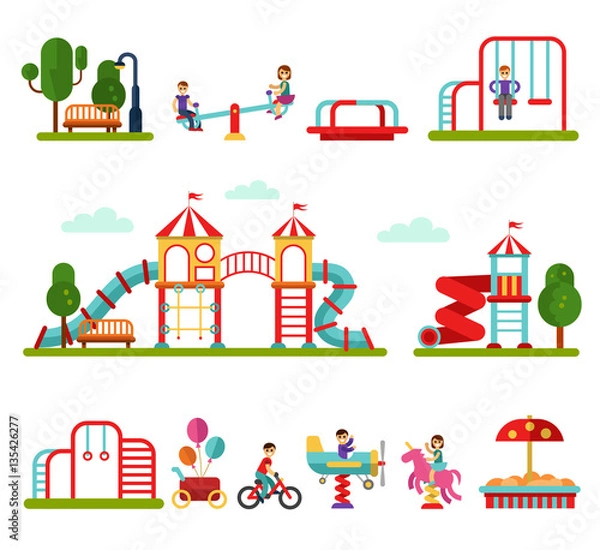 Fototapeta Flat design vector illustration set of playground and attractions elements for infographic design. Boys and girls on swings, slides and tube, carousel, sandpit and sandbox, ball, teeter board.