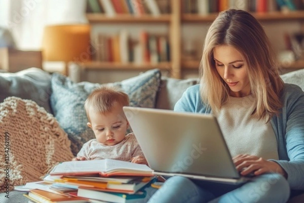 Fototapeta Mother works on laptop with baby reading books, cozy home setting with bookshelf in the background