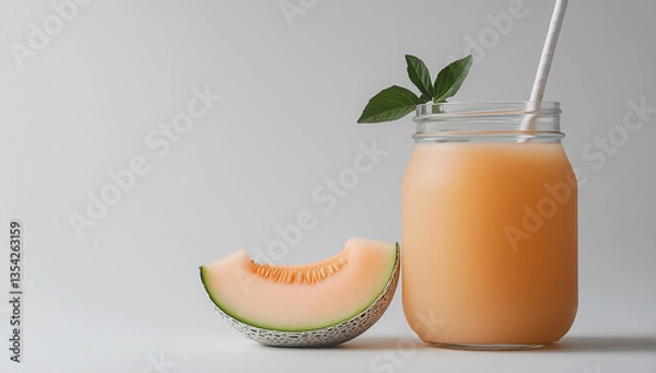 Fototapeta Refreshing melon drink in a glass jar accompanied by a fresh melon slice on a minimalist background