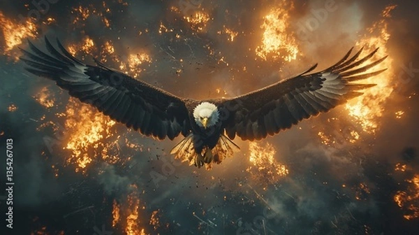 Obraz Majestic bald eagle soaring over intense inferno.