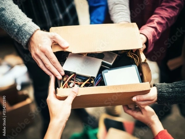 Fototapeta Hands Sharing a Box of Recycled Electronics for Reuse and E-waste Recycling