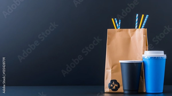 Fototapeta Plastic waste concept. Littered with garbage on dark background. Shopping bag, bottle, cup and straw (4)