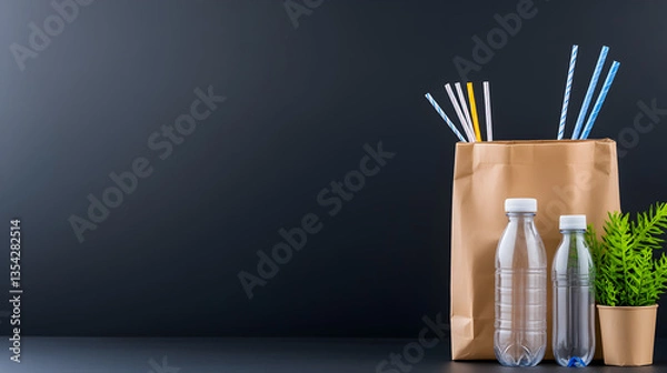Fototapeta Plastic waste concept. Littered with garbage on dark background. Shopping bag, bottle, cup and straw (4)