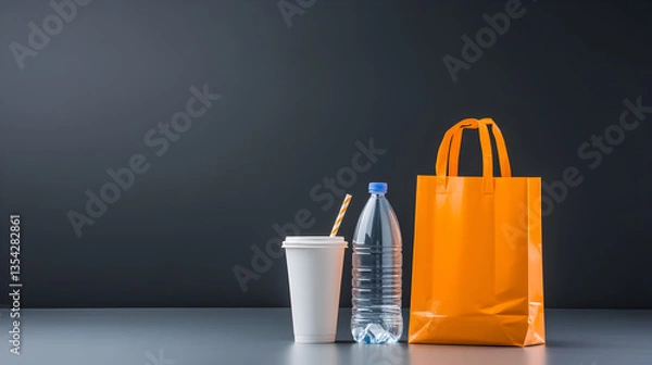 Fototapeta Plastic waste concept. Littered with garbage on dark background. Shopping bag, bottle, cup and straw (4)