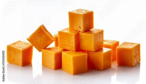 Fototapeta golden cheddar cheese cubes healthy dairy snack in isolated studio food photography white background