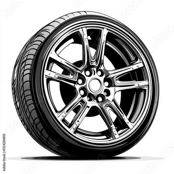 Fototapeta Car wheel icon vector illustration, round design with a five-spoke rim and tread details, sleek black lines, sharp edges, transparent background, professional and minimalist style.