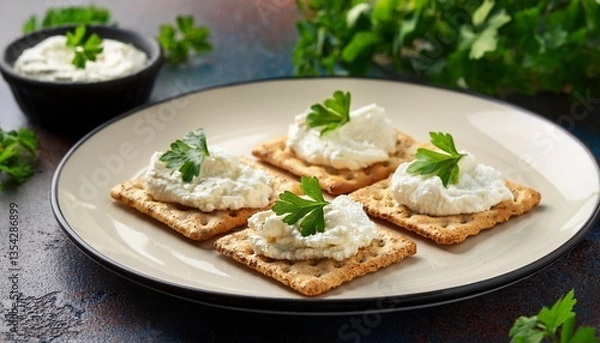 Fototapeta crispy crackers topped with creamy spread and herbs on a plate