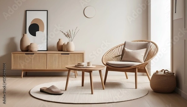 Fototapeta Modern and minimalist living room with a neutral color palette dominated by beige, cream, and light wood tones. The room features a sleek wooden armchair with a cozy throw.