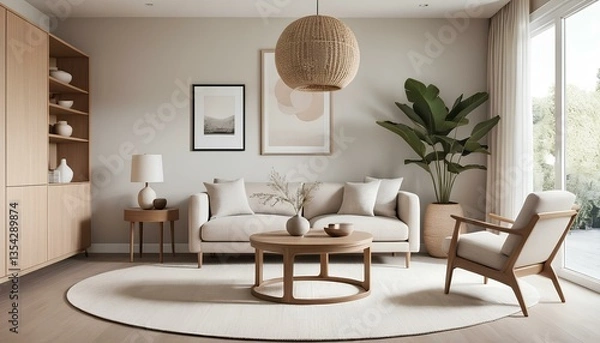Fototapeta Minimalist living room with a warm and neutral color palette dominated by cream, beige, and light wood tones.