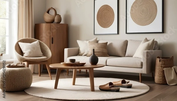 Fototapeta Minimalist living room with a neutral cream and beige color palette. The room features a sleek wooden-framed sofa with soft cushions in muted tones, accompanied by a cozy knitted pouf.