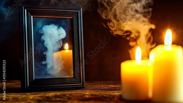 Fototapeta Mysterious Smoke Reflection in Frame with Flickering Candles on Wooden Table at Nighttime Ambiance