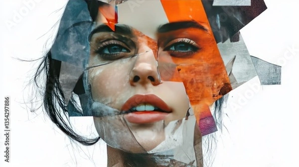 Fototapeta Collage art of a female face blending features from diverse backgrounds, isolated on transparent background, soft gradients, detailed textures, sharp focus, and artistic and innovative presentation.