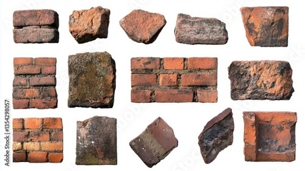 Fototapeta Collection of old bricks with varying shapes, displayed on transparent background, textured and weathered surfaces, deep brown and orange tones, crisp focus, and natural and aged design.