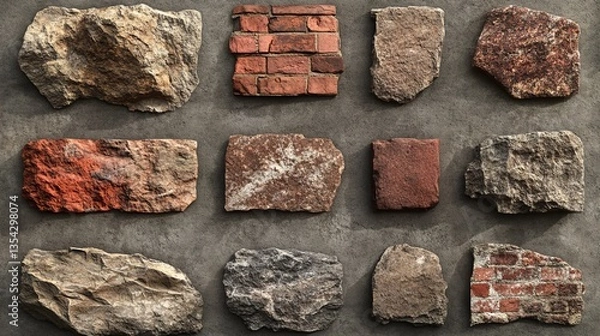 Fototapeta Collection of weathered bricks with irregular shapes, displayed on transparent background, rough and textured surfaces, rich red and brown tones, crisp focus, and rustic and natural design.