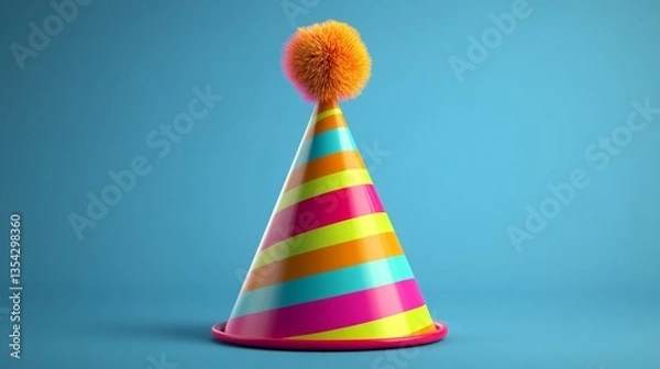 Fototapeta Colorful party hat with a striped pattern and a pom-pom on top, isolated on transparent background, vibrant tones, smooth texture, clean edges, sharp focus, and cheerful and festive design.