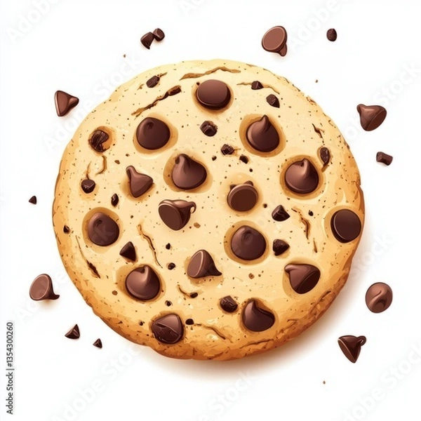Fototapeta Cookie with chocolate chips vector graphic, circular golden design with scattered chips, smooth geometric shapes, sharp edges, isolated on a blank background, professional and minimalist illustration.