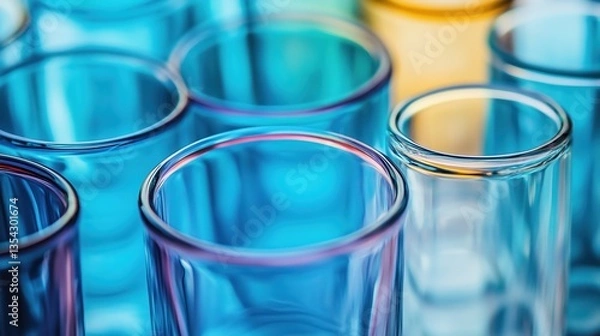 Fototapeta A close-up view of multiple empty glass cylinders or tumblers arranged in a tight group. The glassware is tinted in various shades of blue, with one in a soft amber or golden hue.