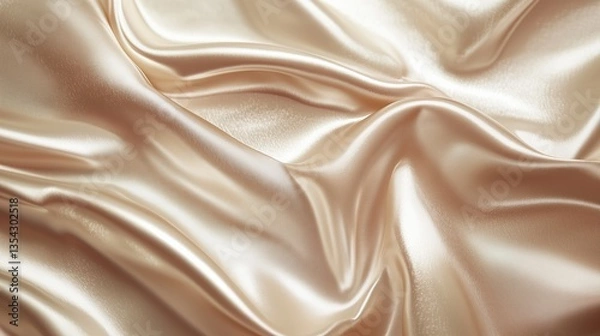 Fototapeta A close-up view of luxurious beige satin fabric. The material is draped and gently folded, creating soft, flowing waves and natural shadows that highlight its silky texture.