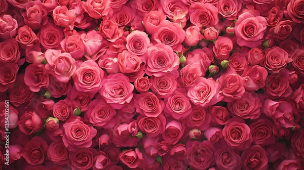 Fototapeta A dense and vibrant arrangement of fresh pink roses. The roses vary slightly in shade, from soft pastel pinks to deeper rose hues, and are packed closely together, forming a lush floral texture.