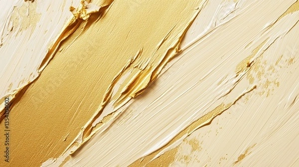 Fototapeta Rich, textured strokes of metallic gold and creamy beige paint applied thickly on a flat surface.