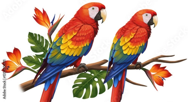 Fototapeta Isolated Pair of Macaw Parrots on Branch with Flowers