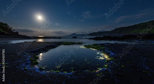 Obraz Celestial Moonlit Serenity Over Pulau Numfor’s Volcanic Tide Pools