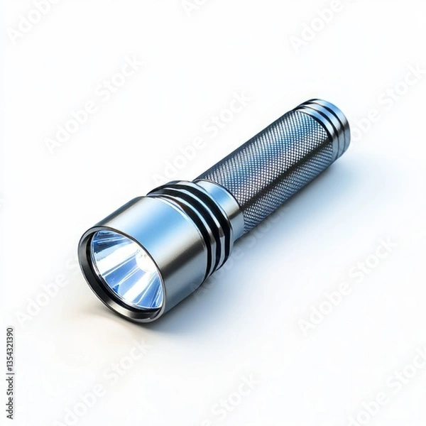 Fototapeta Flashlight with a polished aluminum body and a glowing lens, isolated on a pristine white background for clarity and focus.