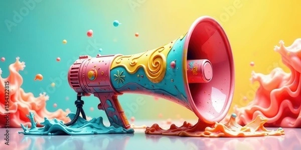 Fototapeta Whimsical Megaphone in a Splash of Pastel Colors, Surrounded by Vibrant Abstract Spills